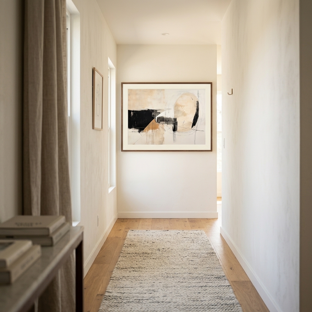 Minimalist abstract print correctly scaled to its wall zone in a modern interior