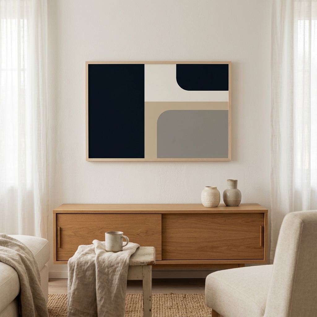 Set of art prints arranged as a single unit with tight even spacing above furniture