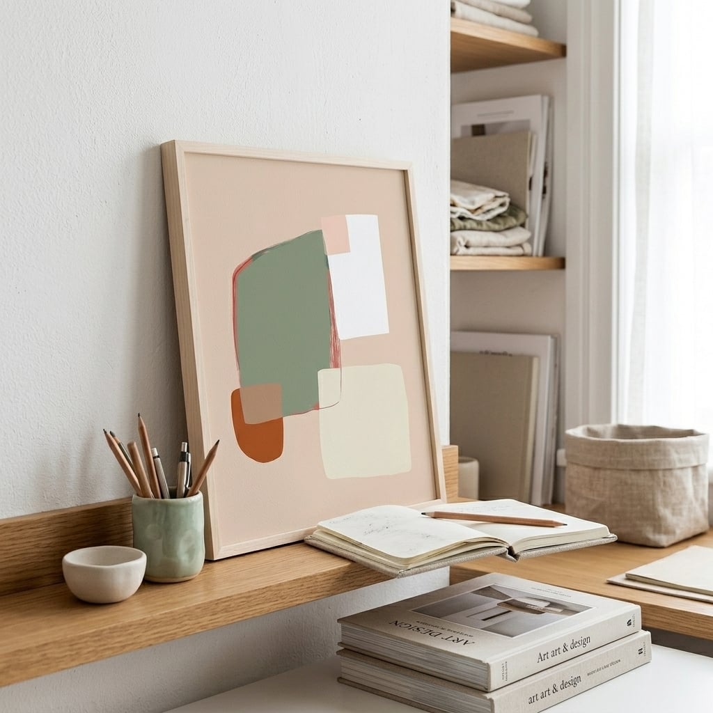 Organic terracotta boho art print with natural texture styled in a warm interior