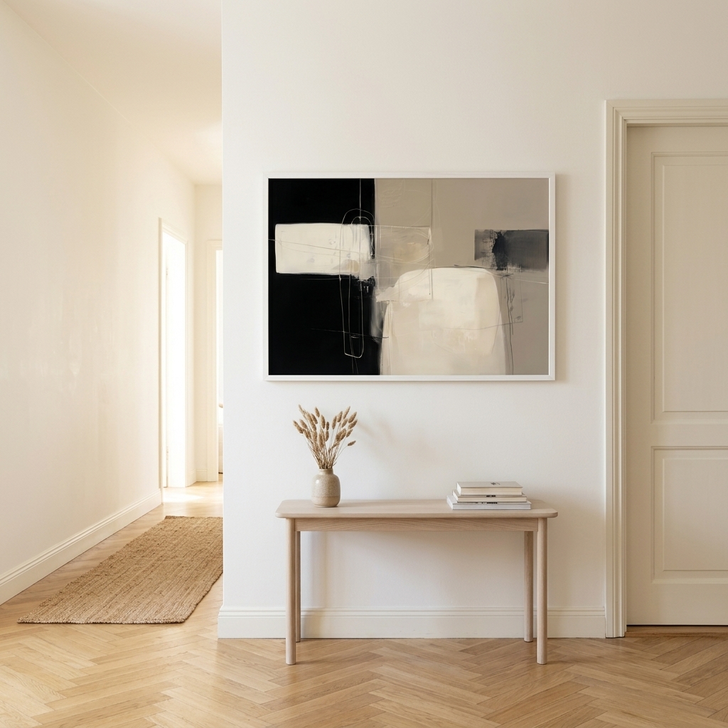 Horizontal wall art print sized to roughly two-thirds of the sofa width below it