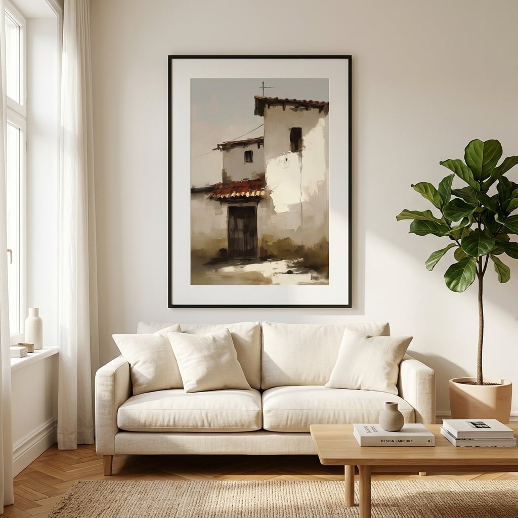 Warm boho wall art print with sunbaked earthy tones styled in a relaxed living room