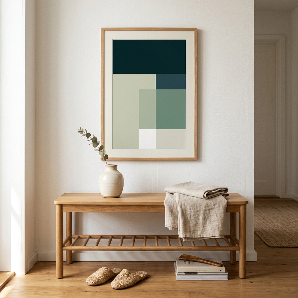 Geometric art deco style print in a slim black frame against a neutral wall