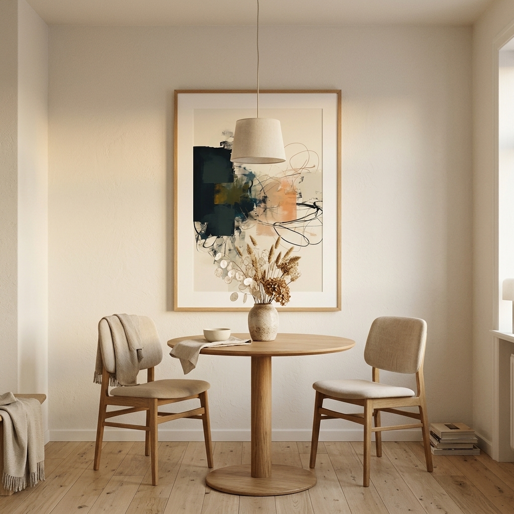 Tall vertical abstract art print adding height and presence to a narrow wall
