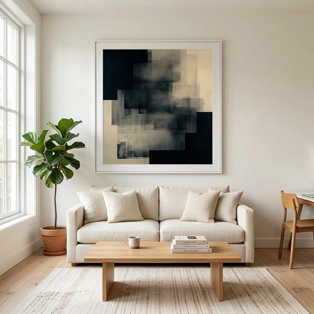 Black and white geometric abstract print with strong rectangular contrast, a graphic companion to art deco chevrons