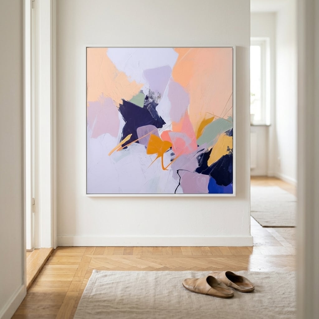 Dark abstract art print with pastel and midnight tones styled against a deep wall for tone-on-tone effect