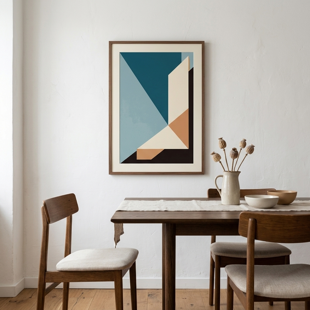 Teal and terracotta geometric abstract art print with layered planes, styled in a contemporary living space