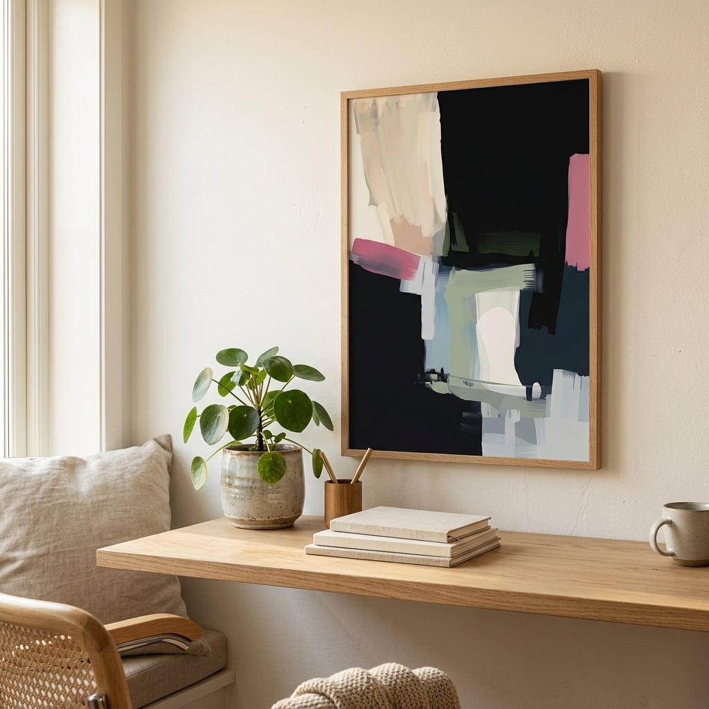 Velvety dark abstract wall art print with rich tonal depth hung in a warm modern space