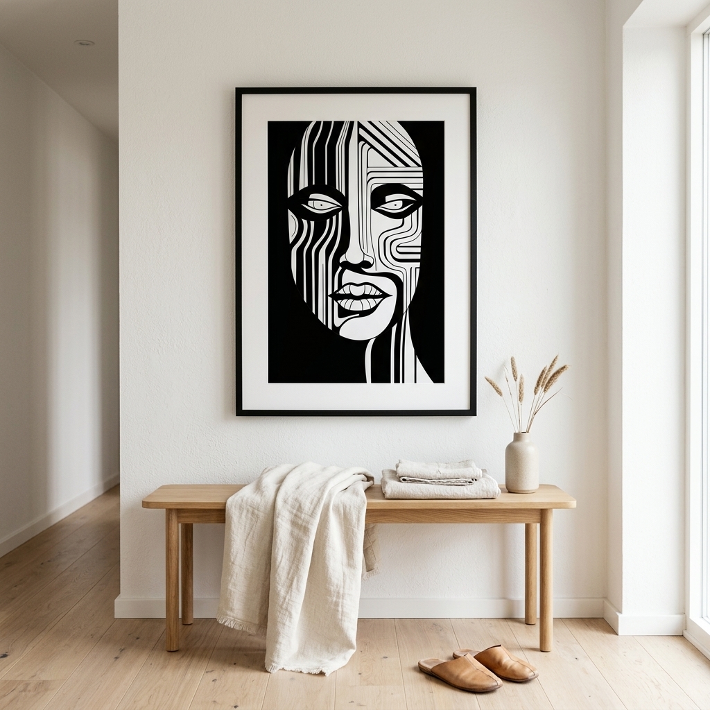 Art deco style geometric print with bold arcs and warm metallic tones in a modern living room