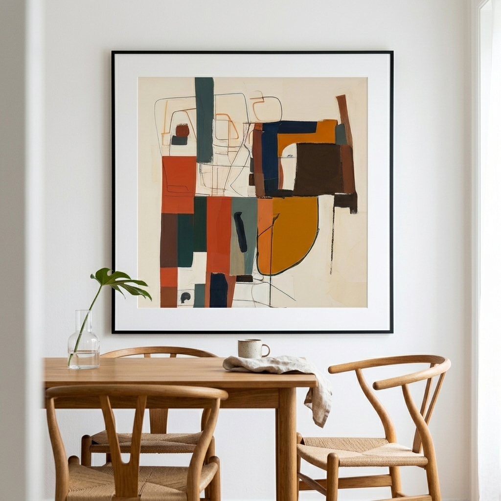 Colorful geometric color block art print in a bright interior, showing how flat bold shapes complement art deco styling