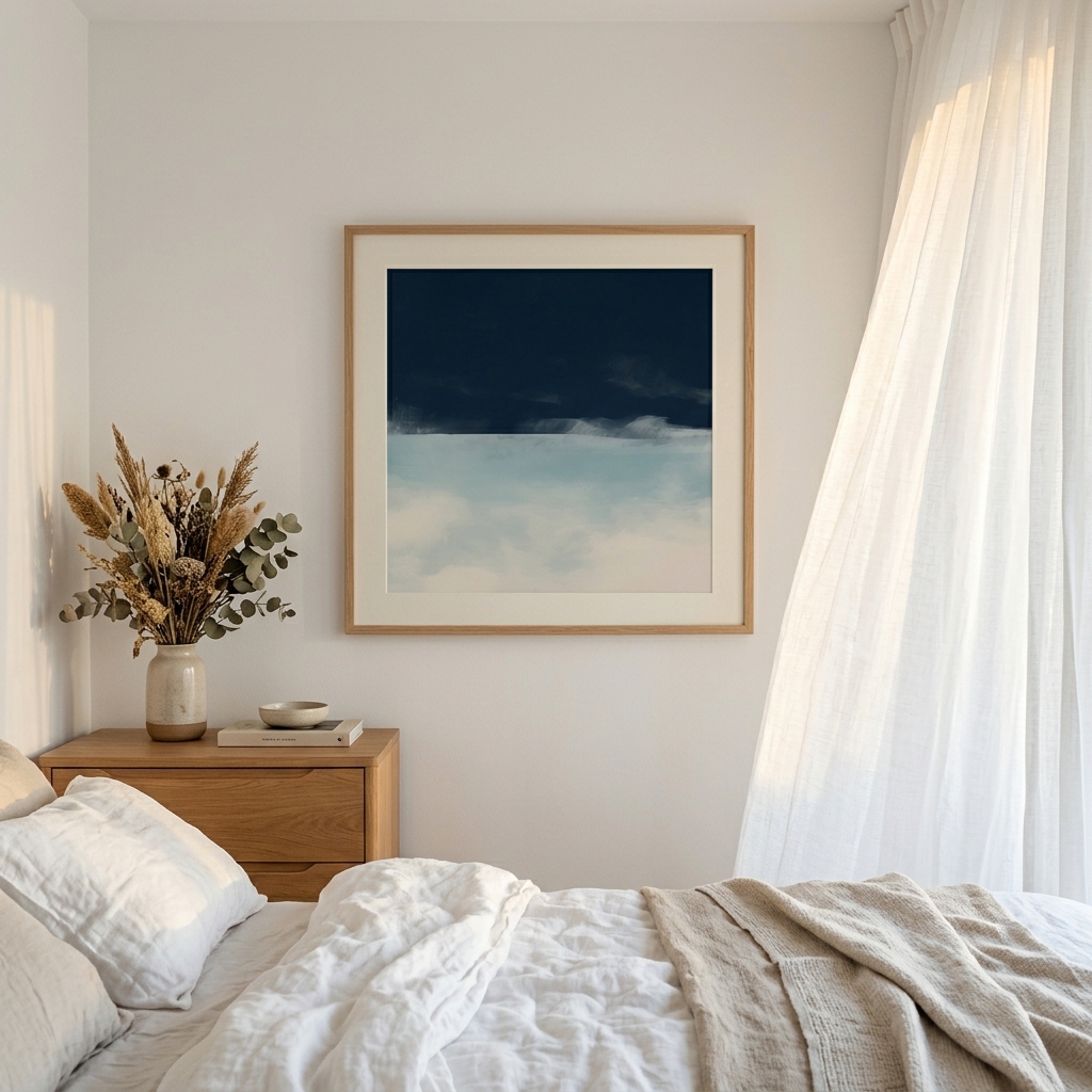 Large vertical abstract art print demonstrating correct hanging height on an open wall