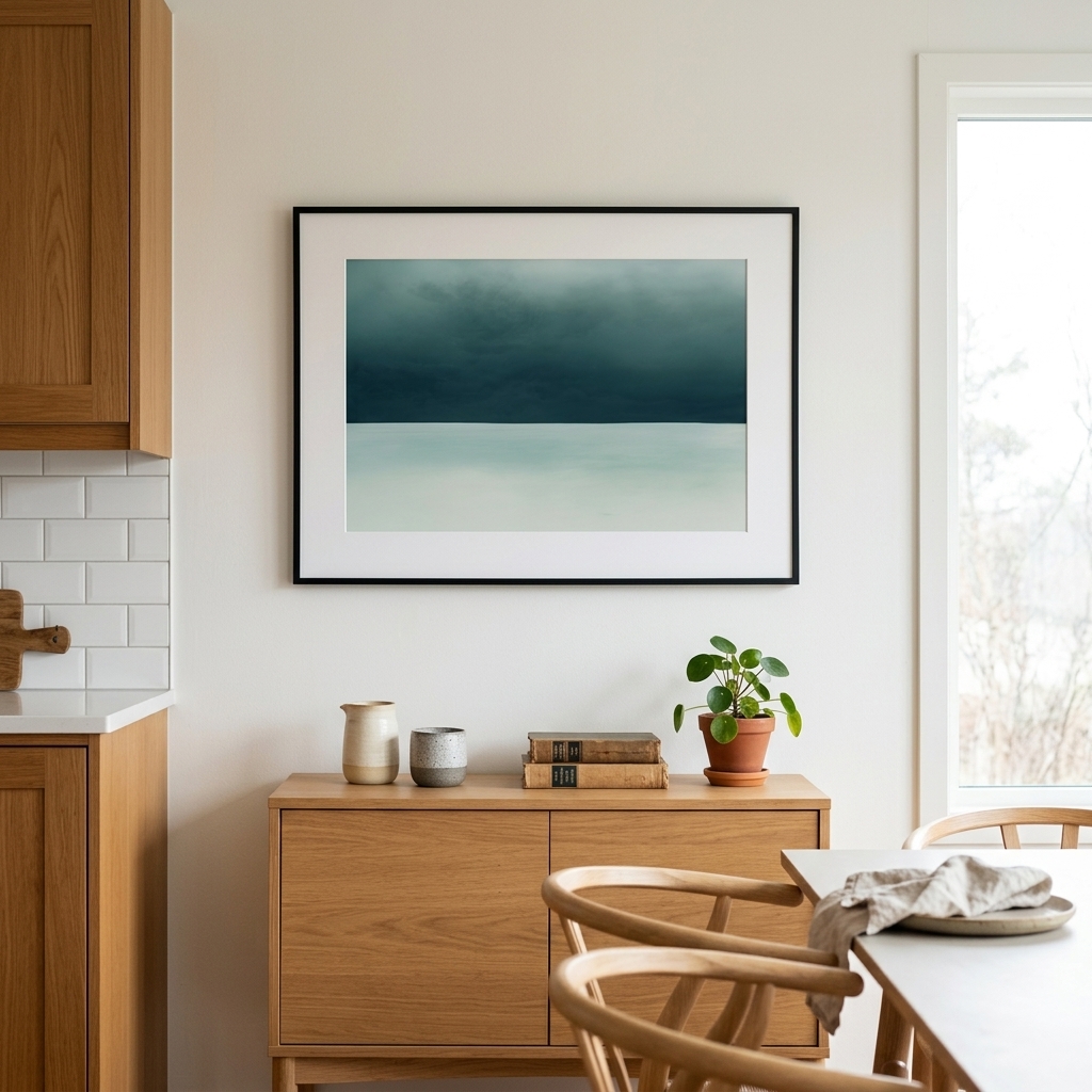 Wide horizontal landscape art print hung above furniture with correct spacing