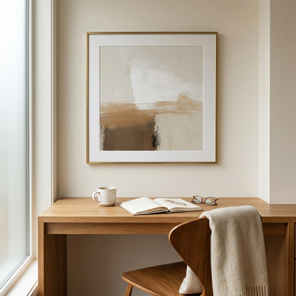 Minimalist abstract art print hung at eye level in a calm living room, centre of the frame at 57 inches