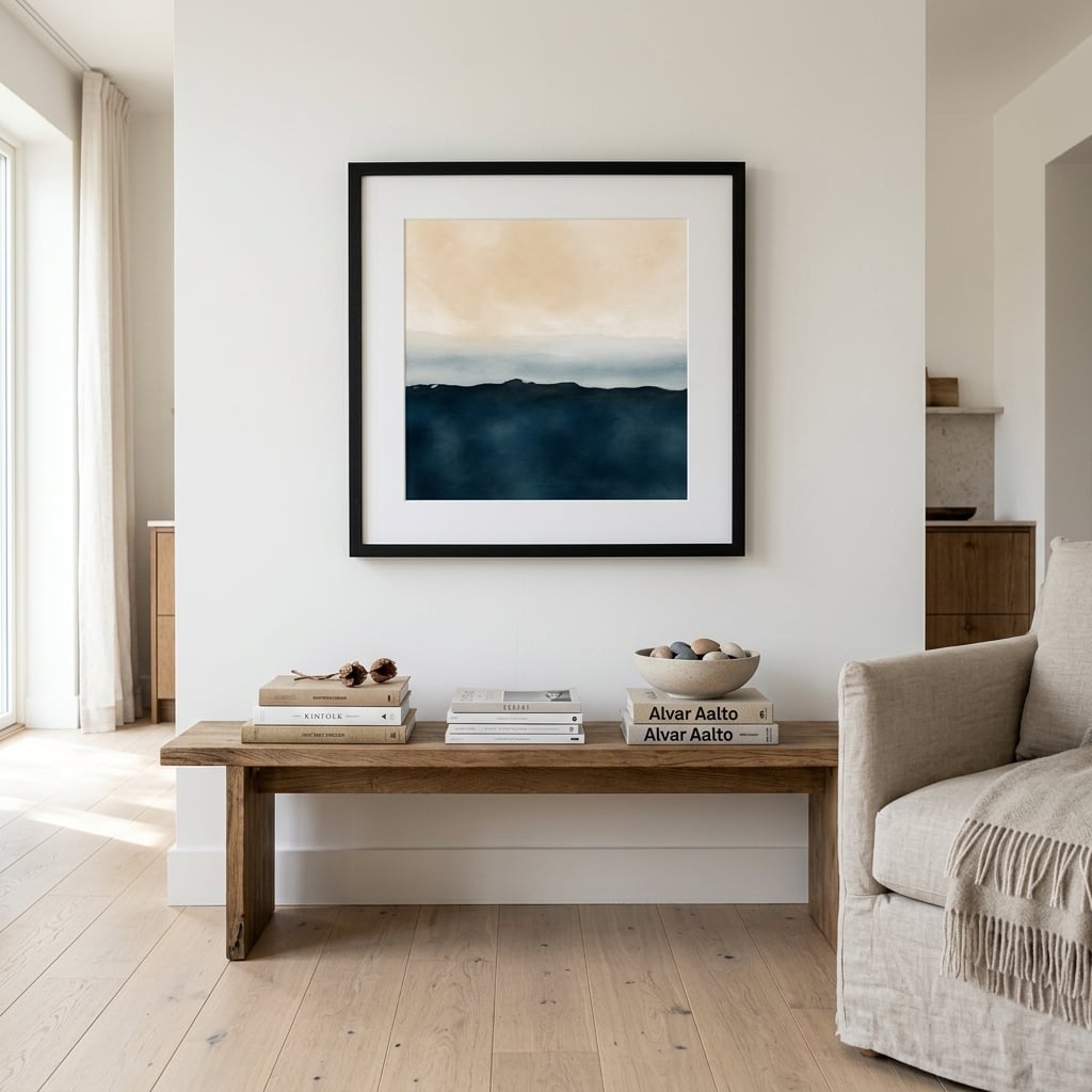 Moody indigo abstract wall art print creating depth and atmosphere in a modern living room