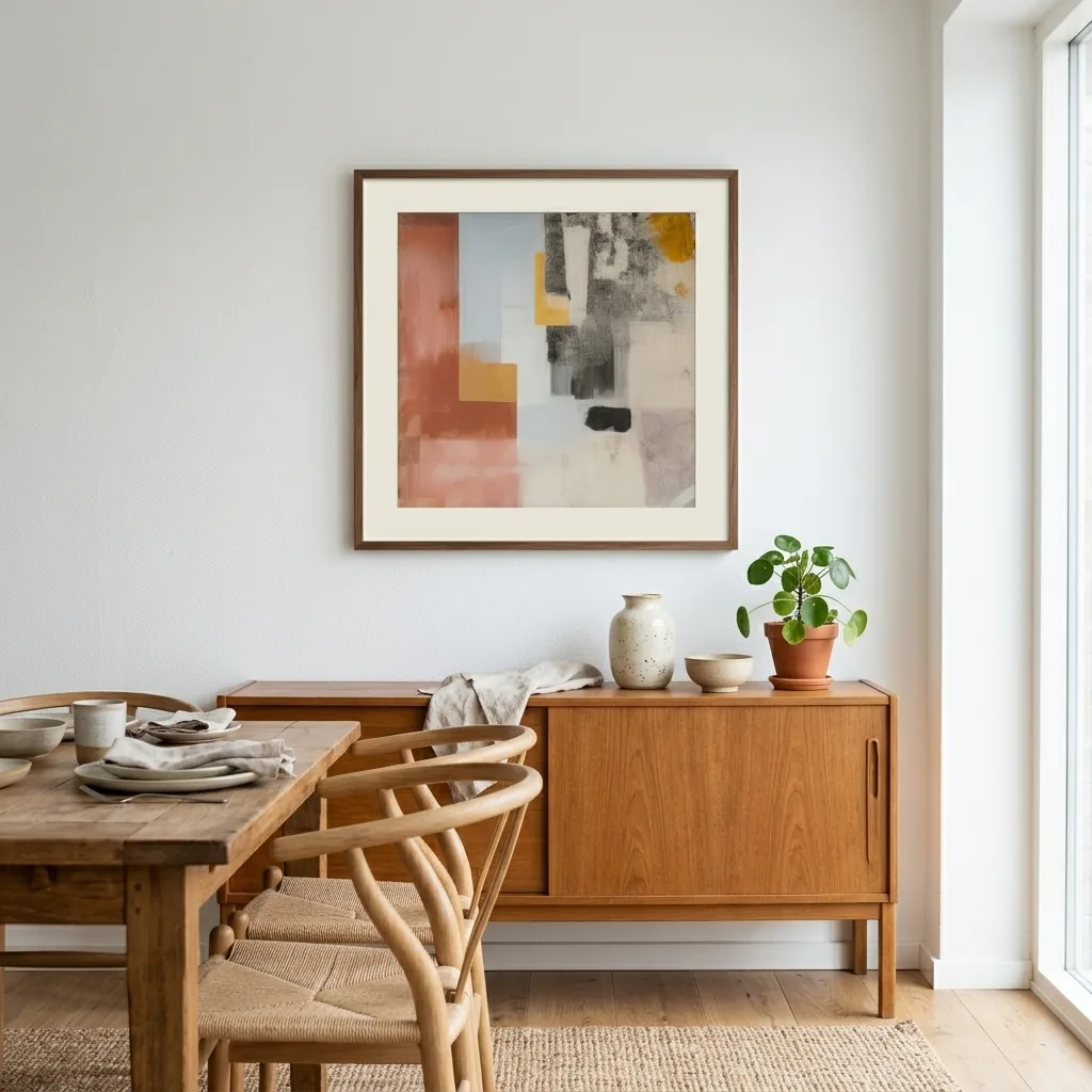 Desert Grid terracotta gold and charcoal geometric art print in a styled interior