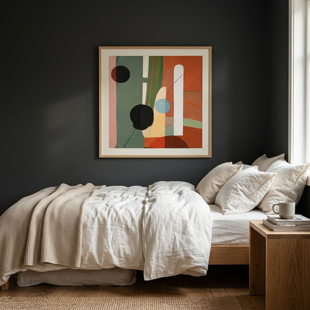 Structured geometric art deco print in warm earth tones showing stepped and layered forms