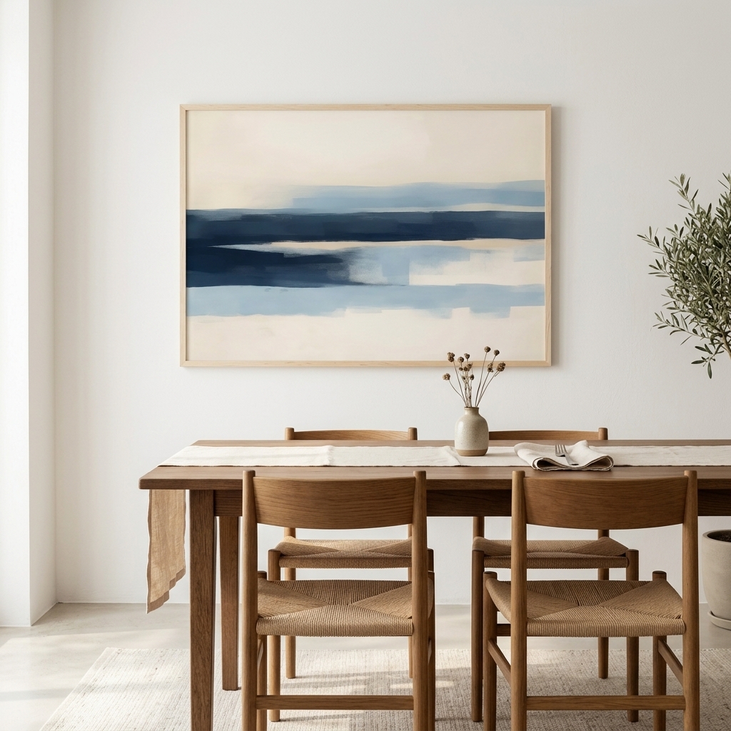 Horizontal landscape art print above a sofa demonstrating the two-thirds width rule