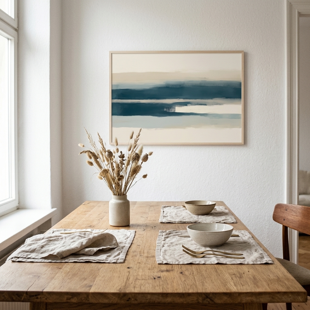 Wide horizontal wall art print echoing the proportions of a broad living room wall