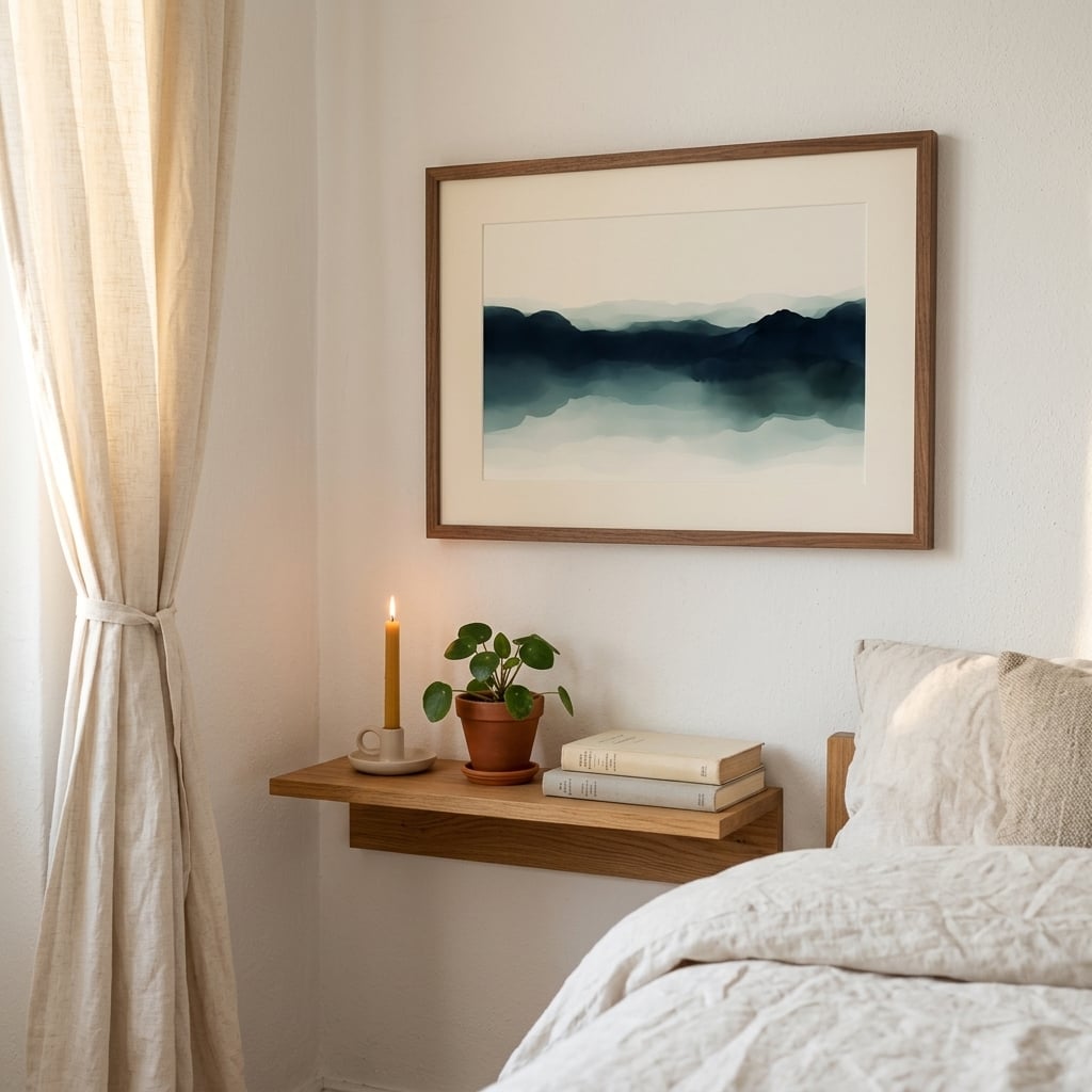 Large grey misty mountain abstract landscape print as a statement above a sofa