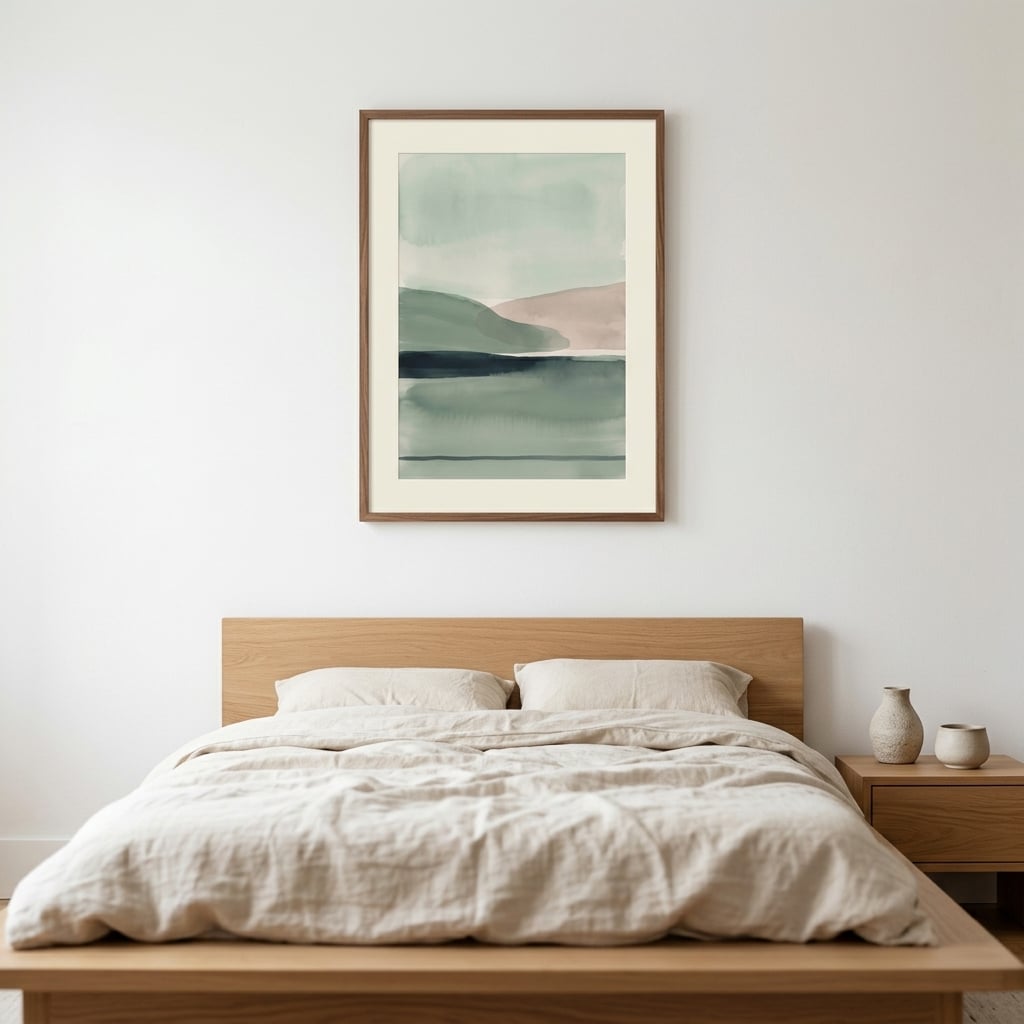 Grey watercolor lake landscape art print adding depth to a soft neutral bedroom