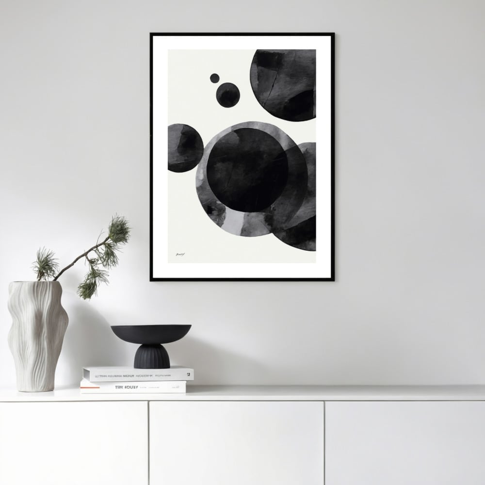 Abstract black and beige circles art print, modern geometric design for living room wall decor.
