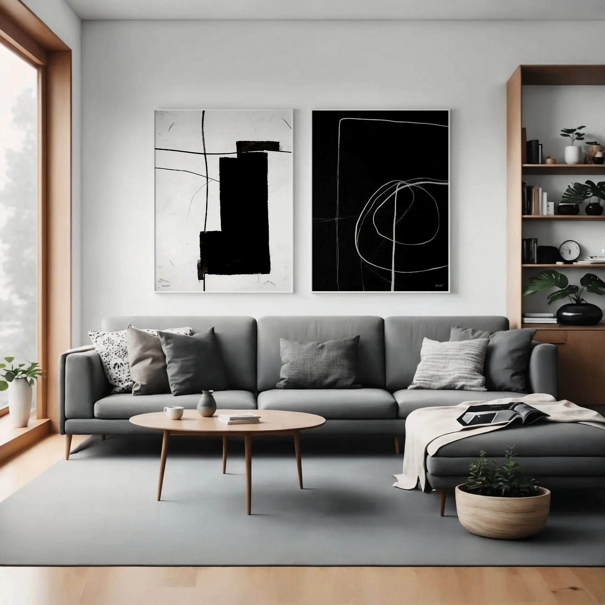 Abstract black and white wall art prints above gray sofa in minimalist living room
