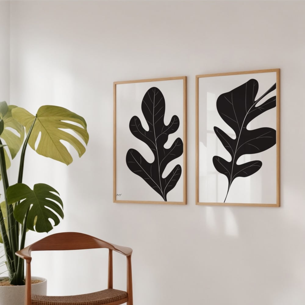 Minimalist Nordic-style black and white leaf prints on photo art paper, sold as a set.