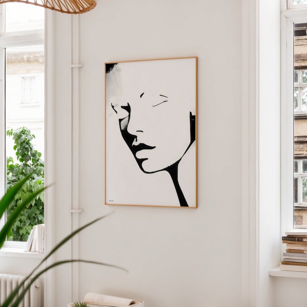 Simple monochromatic line drawing portrait of a woman with delicate geometric features.