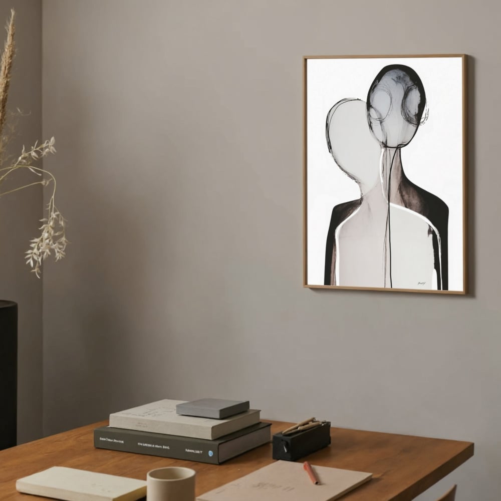 Monochromatic abstract figure art print in gold frame on neutral wall