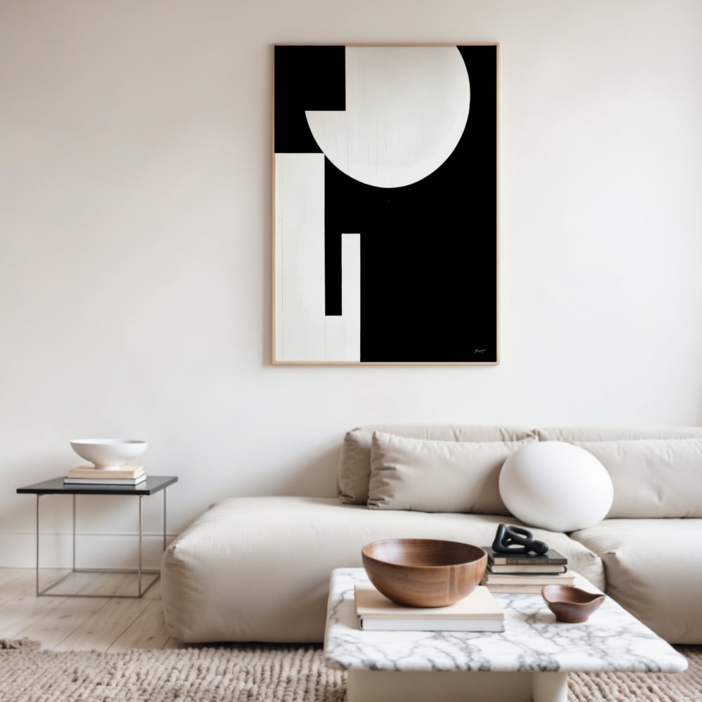 Minimalist black and white geometric art print with abstract shapes in a modern Bauhaus-inspired style