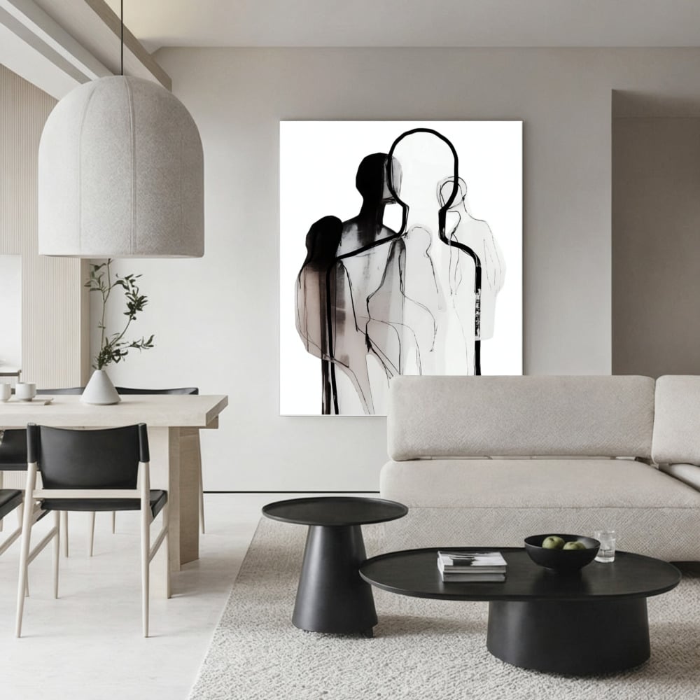 Modern black and white canvas print featuring abstract figures with geometric lines and minimalist composition.