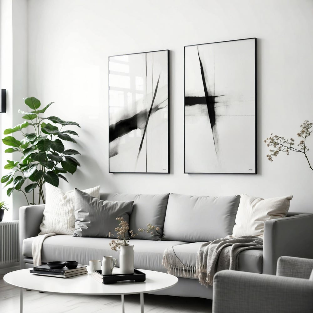 Abstract black and white canvas prints available in multiple sizes for modern interiors.
