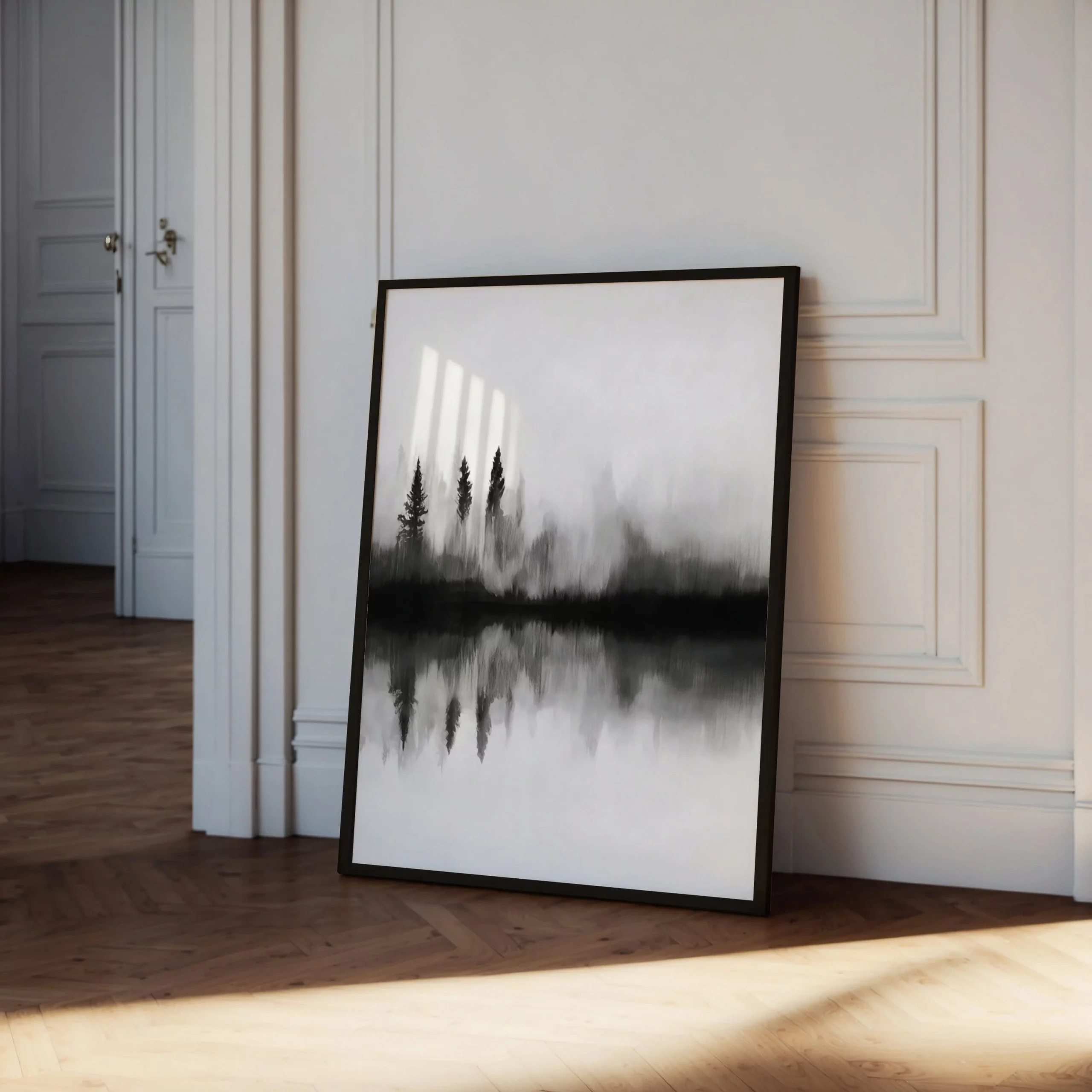 Large abstract black and white forest landscape canvas art with misty, atmospheric trees.