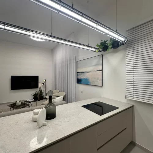 Elegant minimalist kitchen with marble countertop, white cabinetry and modern lighting.